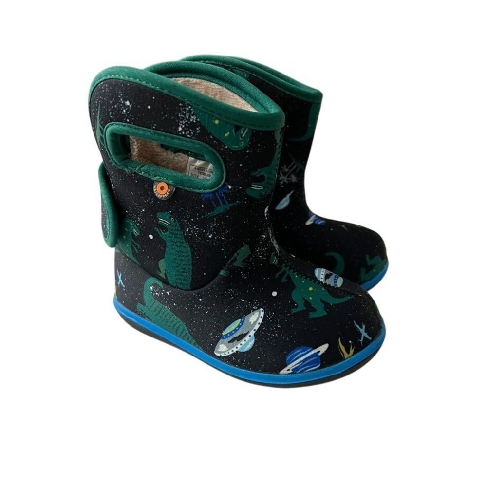 Bogs Bloom Boots Infant Size 7 Black Green Blue Dinosaur Space Waterproof